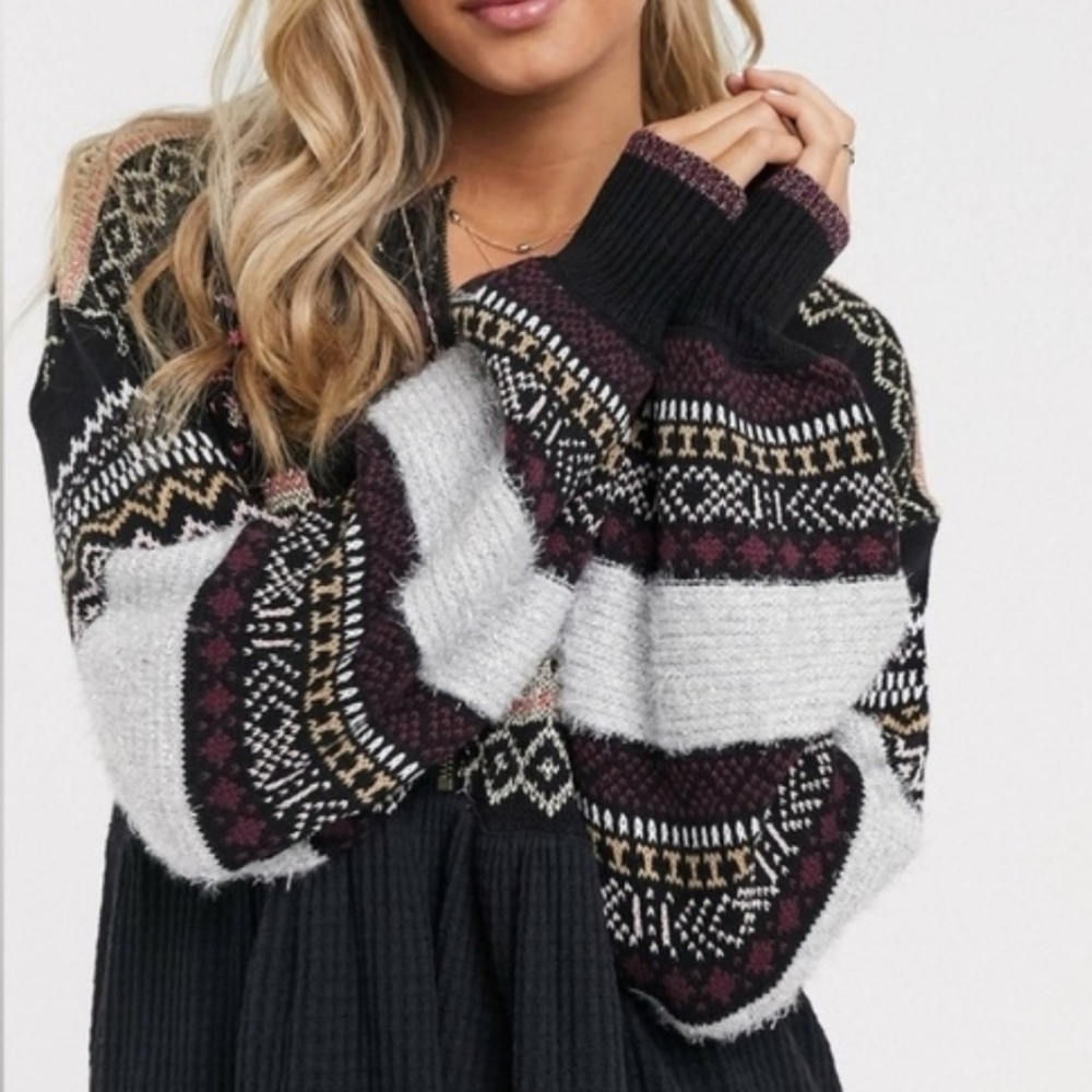 Free People Cabin Fever Swit Sweater Long Sleeve Half Zip Metallic Black Sm NWT - Picture 6 of 16